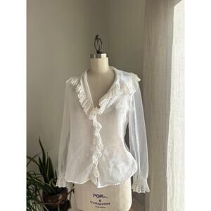 Oscar De La Renta Women's 8 Blouse White Semi Sheer Lace Ruffle Vintage